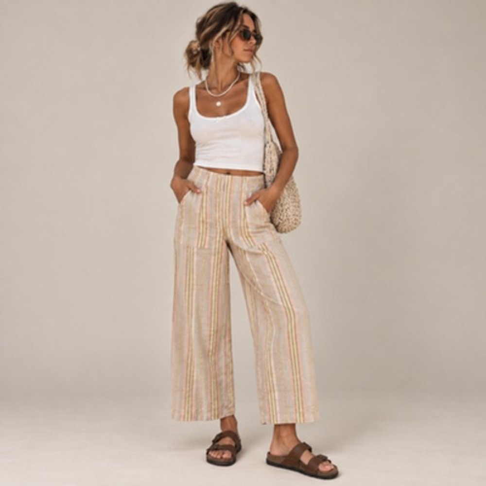 American Eagle Crop Pants Womens Medium Beige Stripe Linen Blend Wide Leg Summer